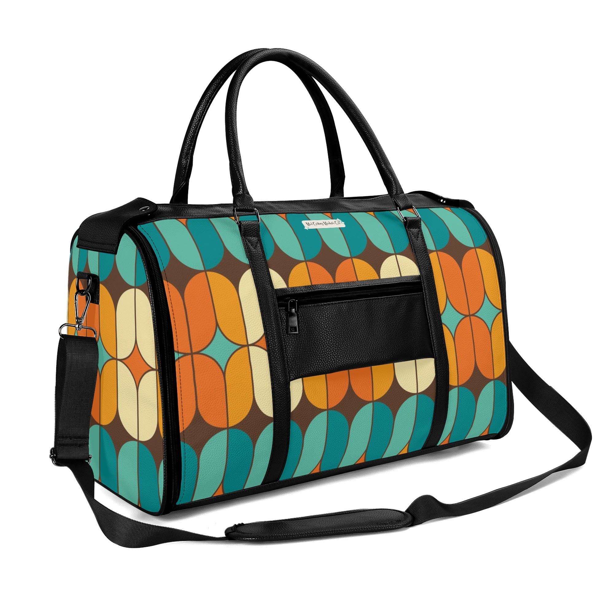 Atomic Kitschy Mod Boomerang Black Retro Cats, Orange, Teal Geometric Mod Designed Foldable Travel Duffle Bag - Mid Century Modern Gal