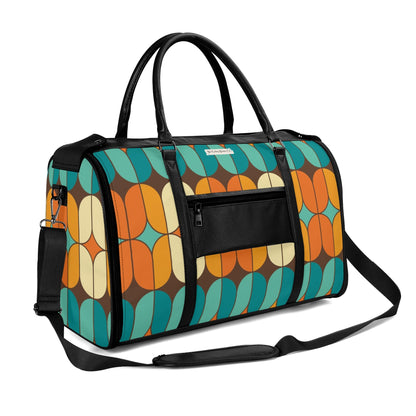 Atomic Kitschy Mod Boomerang Black Retro Cats, Orange, Teal Geometric Mod Designed Foldable Travel Duffle Bag - Mid Century Modern Gal