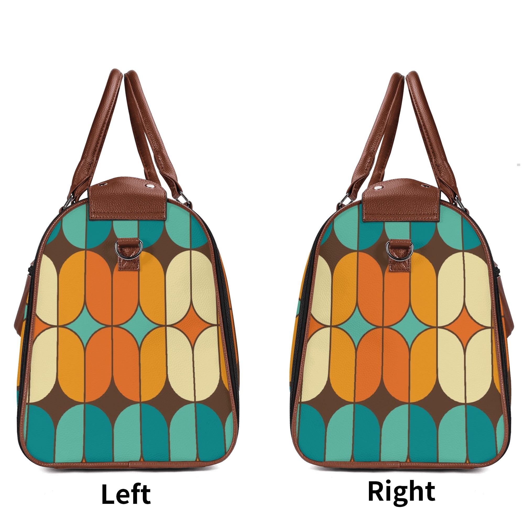 Atomic Kitschy Mod Boomerang Black Retro Cats, Orange, Teal Geometric Mod Designed Foldable Travel Duffle Bag - Mid Century Modern Gal
