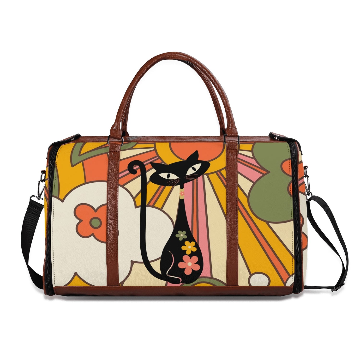 Retro Rays Of Groovy Sunshine, Atomic Cat Flower Power Foldable Travel Duffel Bag - Mid Century Modern Gal