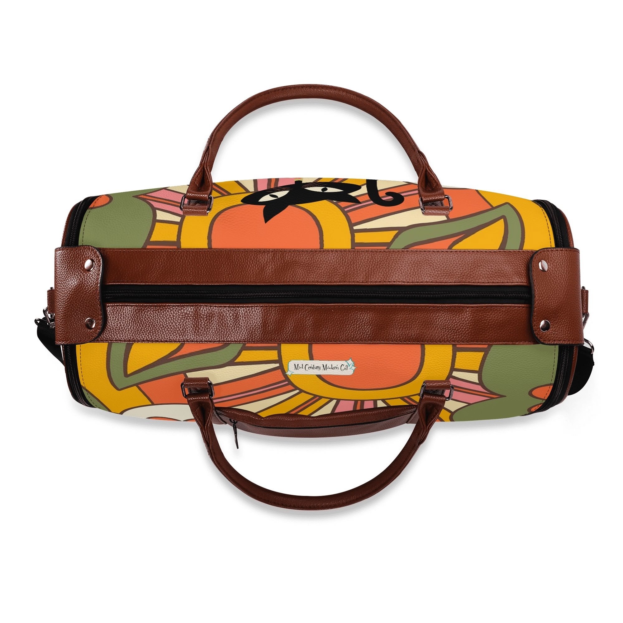 Retro Rays Of Groovy Sunshine, Atomic Cat Flower Power Foldable Travel Duffel Bag - Mid Century Modern Gal