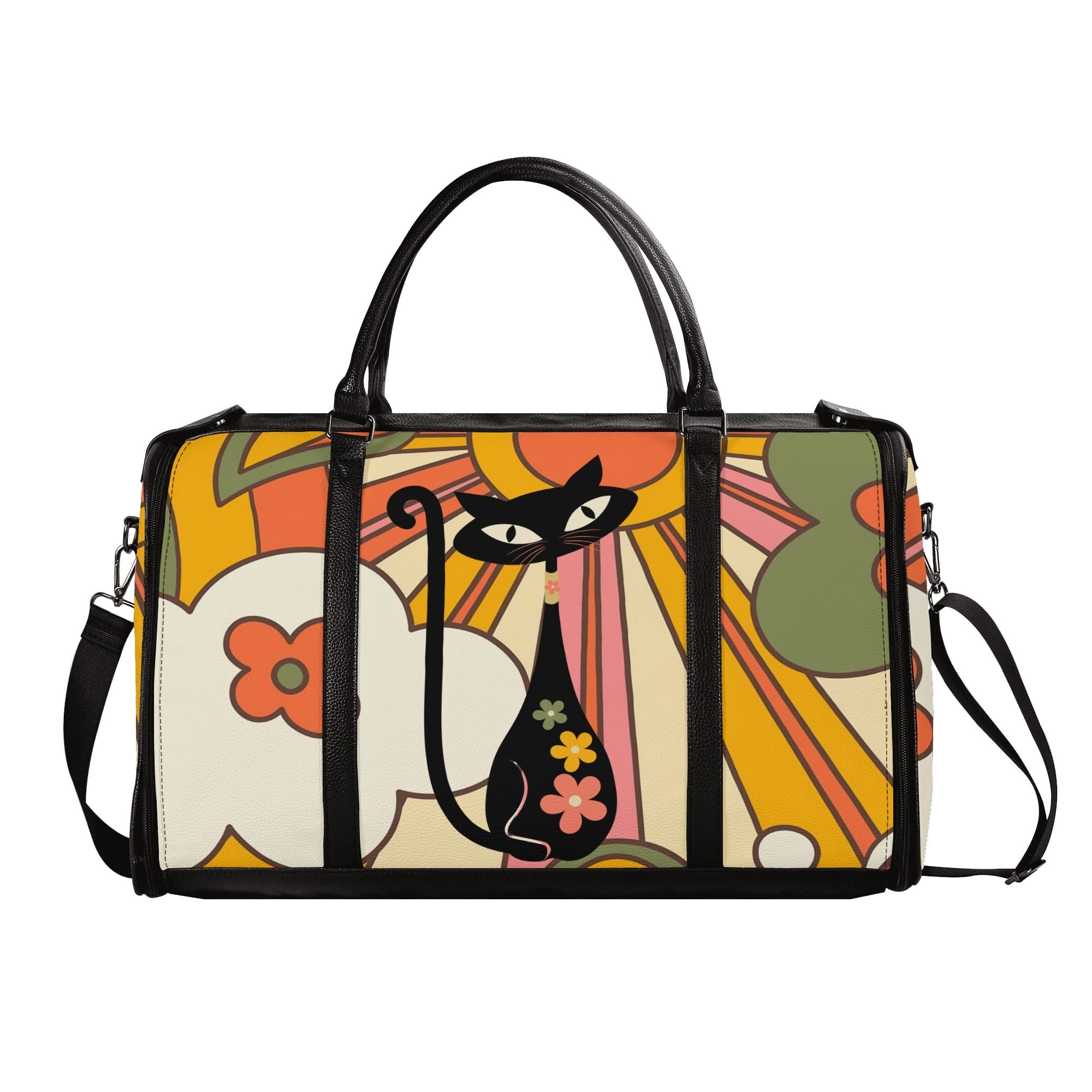 Retro Rays Of Groovy Sunshine, Atomic Cat Flower Power Foldable Travel Duffel Bag - Mid Century Modern Gal