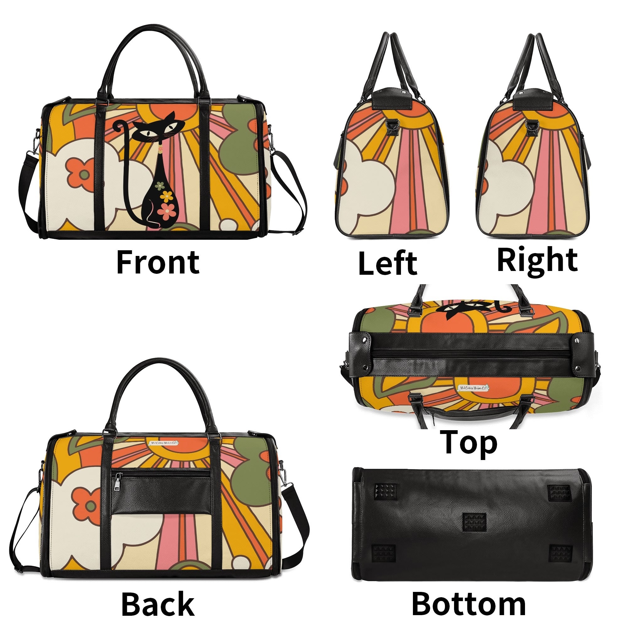 Retro Rays Of Groovy Sunshine, Atomic Cat Flower Power Foldable Travel Duffel Bag - Mid Century Modern Gal