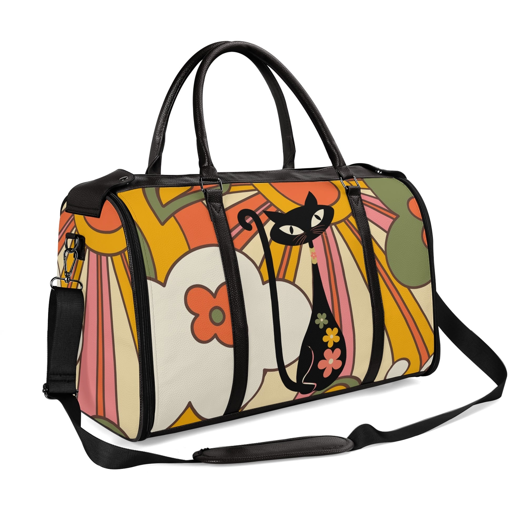 Retro Rays Of Groovy Sunshine, Atomic Cat Flower Power Foldable Travel Duffel Bag - Mid Century Modern Gal