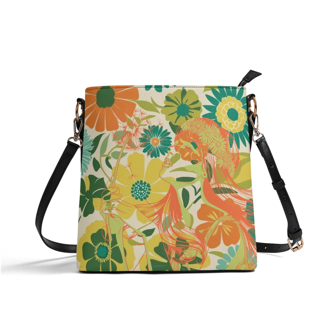 Hippie 70s Gal Flower Power Retro Groovy Mod Orange, Yellow Teal Green Bucket Bag - Mid Century Modern Gal