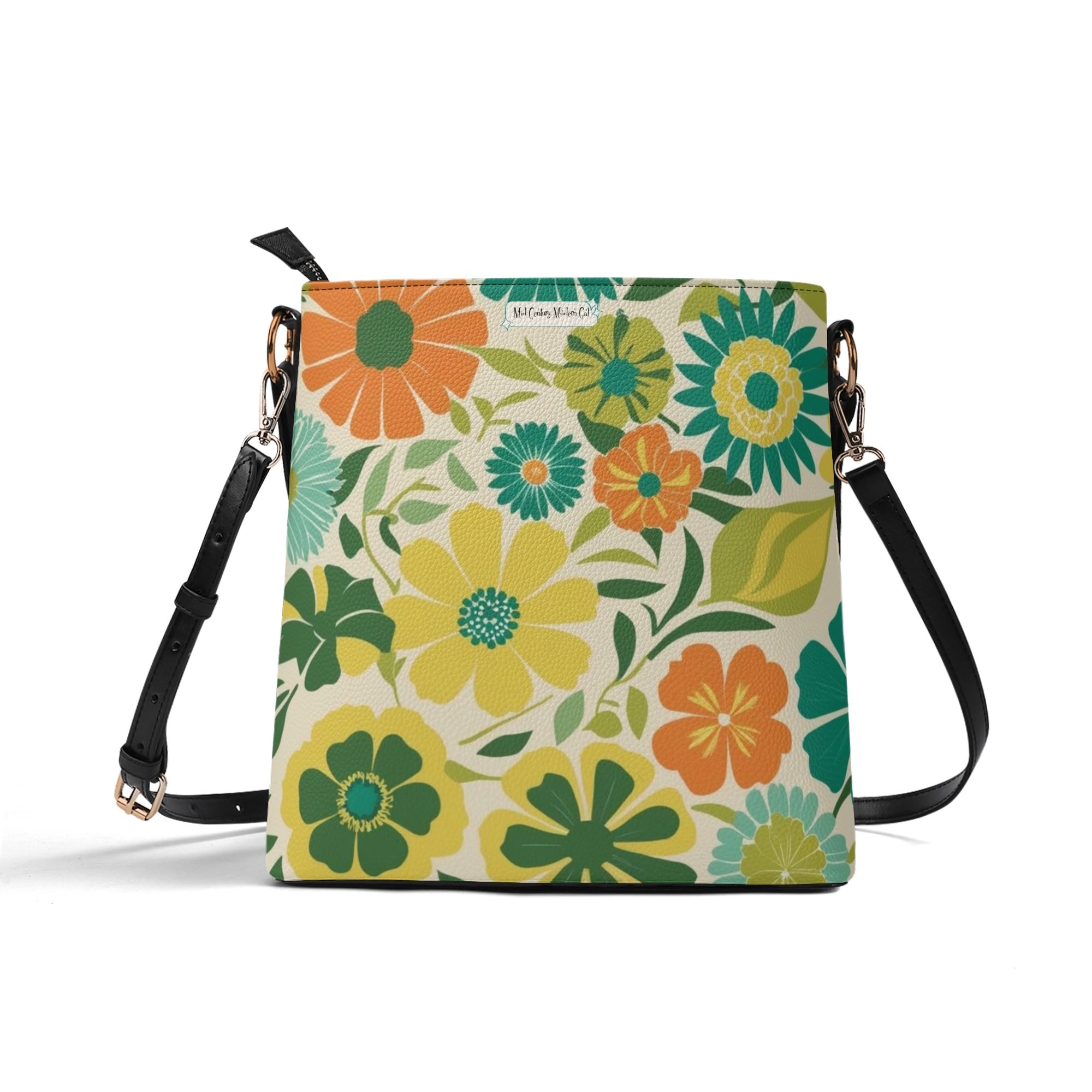 Hippie 70s Gal Flower Power Retro Groovy Mod Orange, Yellow Teal Green Bucket Bag - Mid Century Modern Gal