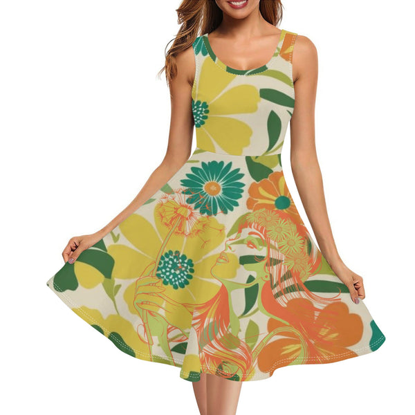 Retro Flower Power, Flower Child Of The 70s Orange, Teal Yellow Womens Tank Dress Midi Wrap Round Neck Sleeveless Sundress