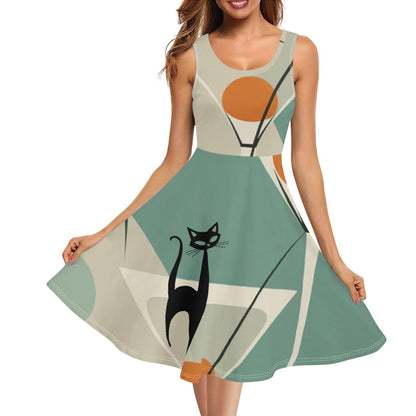 Atomic Cat Mid Mod Martini Womens Tank Dress Midi Wrap Round Neck Sleeveless Sundress - Mid Century Modern Gal