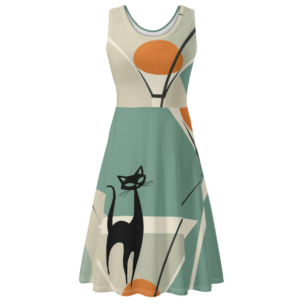 Atomic Cat Mid Mod Martini Womens Tank Dress Midi Wrap Round Neck Sleeveless Sundress