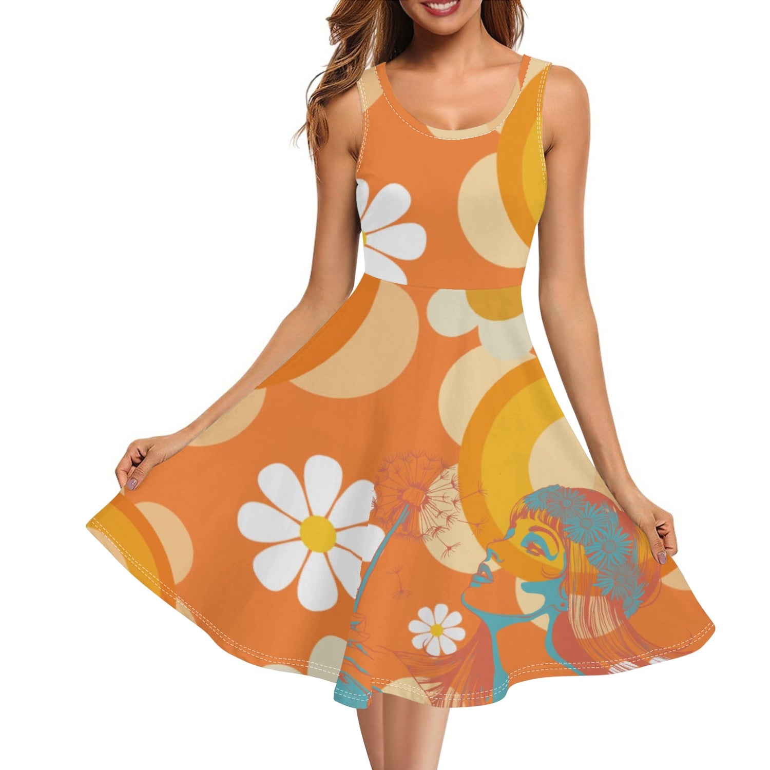 Retro Flower Power, Flower Child Of The 70s Womens Tank Dress Midi Wrap Round Neck Sleeveless Sundress XS Retro Flower Power, Flower Child Of The 70s Womens Tank Dress Midi Wrap Round Neck Sleeveless Sundress XS