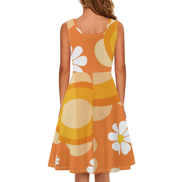 Retro Flower Power, Flower Child Of The 70s Womens Tank Dress Midi Wrap Round Neck Sleeveless Sundress