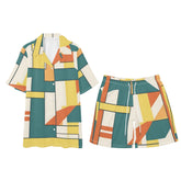 Mid Century Modern Bauhaus Designed Orange, Teal Dapper Gentlemens Regular Fit Hawaiian Short Sleeve Shirt and Shorts Set - Mid Century Modern Gal