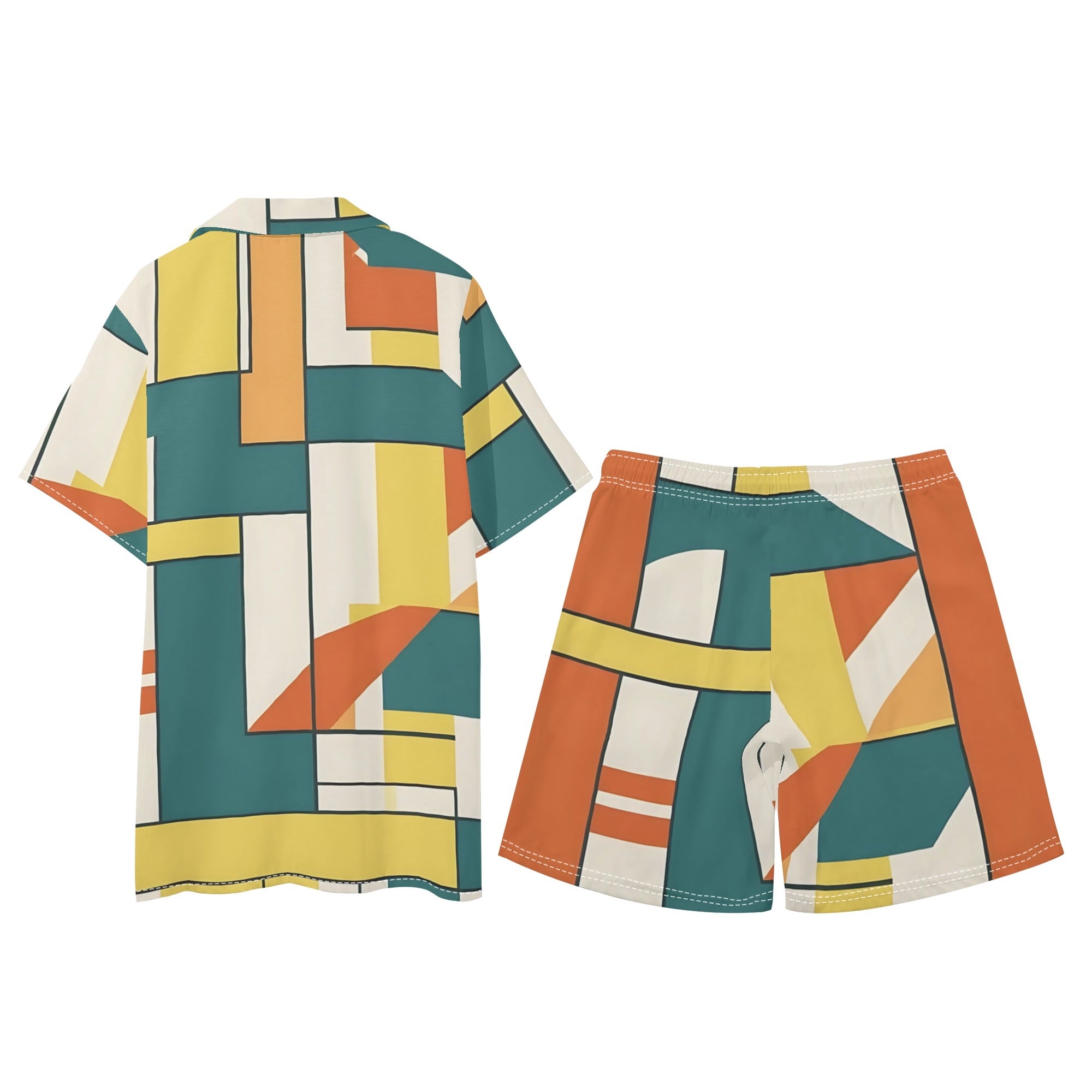 Mid Century Modern Bauhaus Designed Orange, Teal Dapper Gentlemens Regular Fit Hawaiian Short Sleeve Shirt and Shorts Set - Mid Century Modern Gal