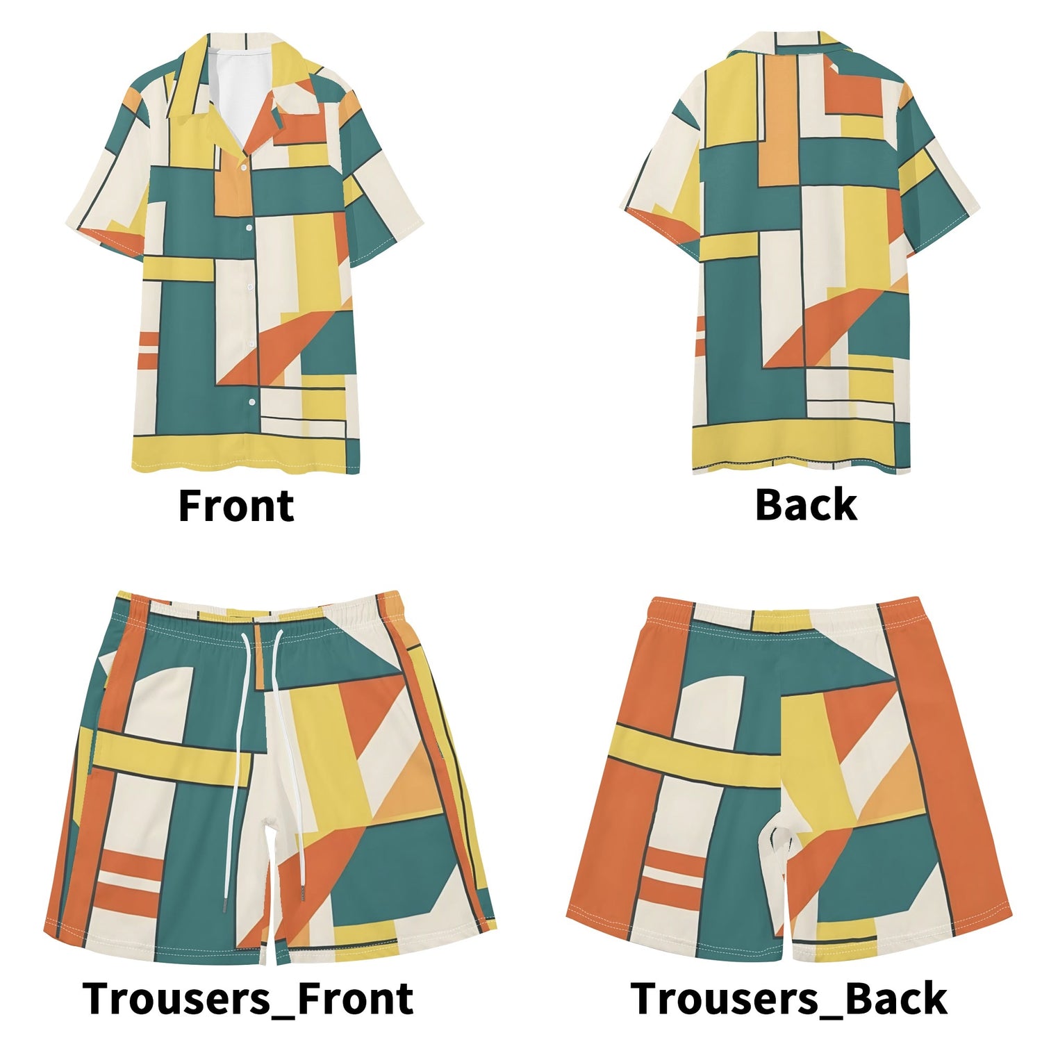 Mid Century Modern Bauhaus Designed Orange, Teal Dapper Gentlemens Regular Fit Hawaiian Short Sleeve Shirt and Shorts Set - Mid Century Modern Gal