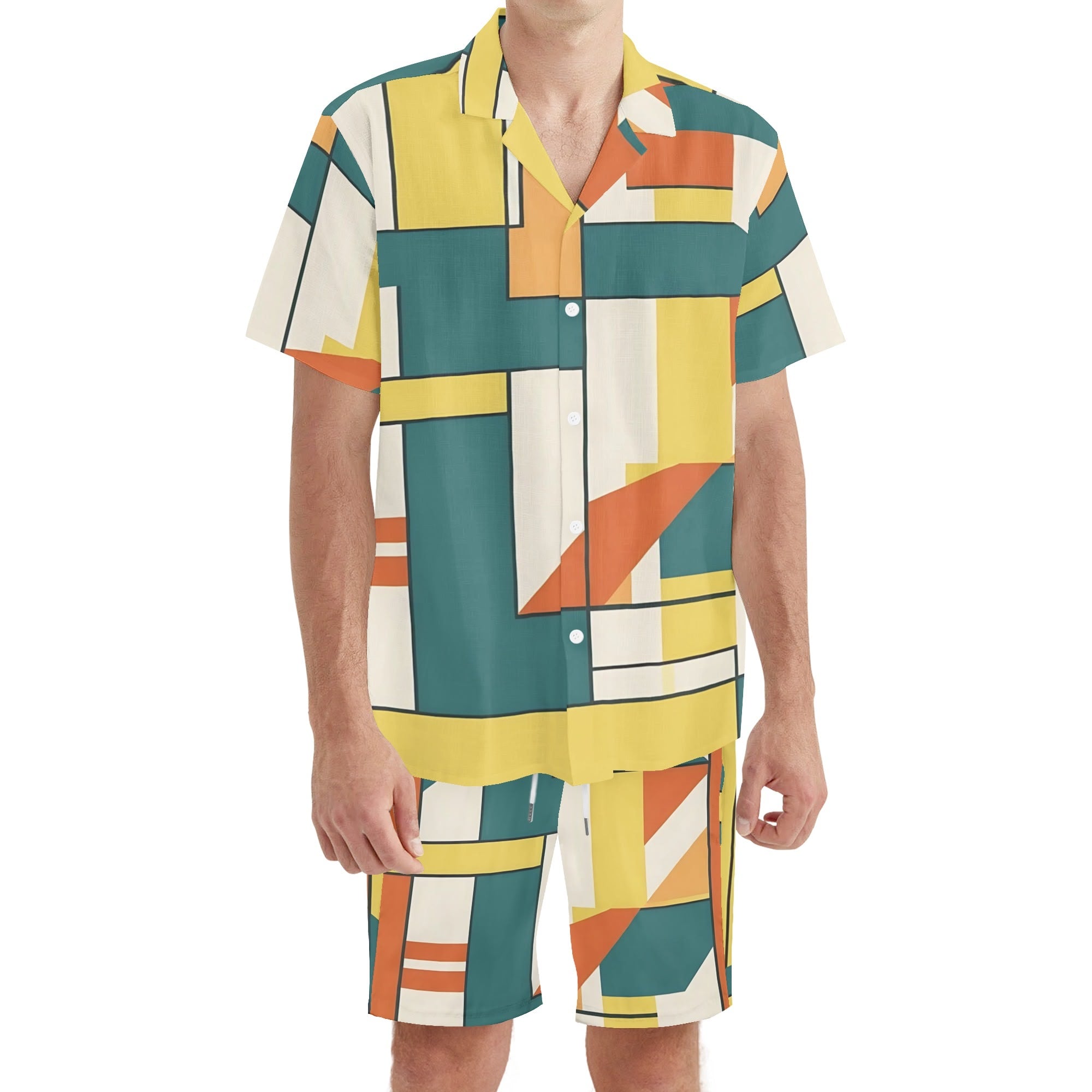 Mid Century Modern Bauhaus Designed Orange, Teal Dapper Gentlemens Regular Fit Hawaiian Short Sleeve Shirt and Shorts Set - Mid Century Modern Gal