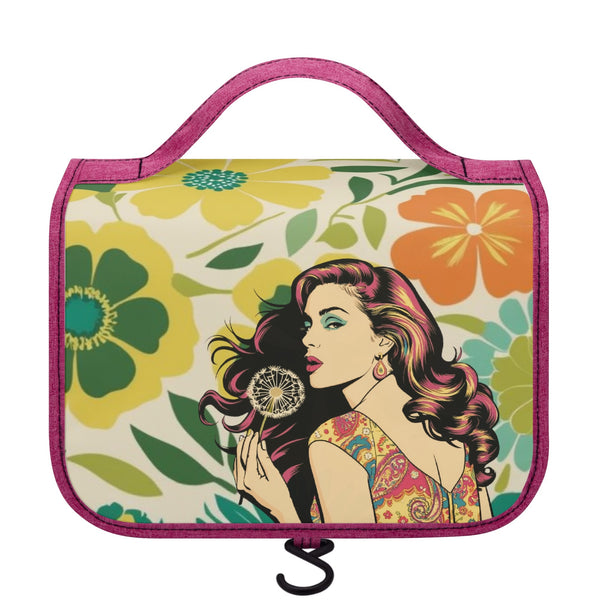 70s Flower Power Hippie Flower Child Retro Orange, Green Yellow Toiletry Cosmetic Travel Bag