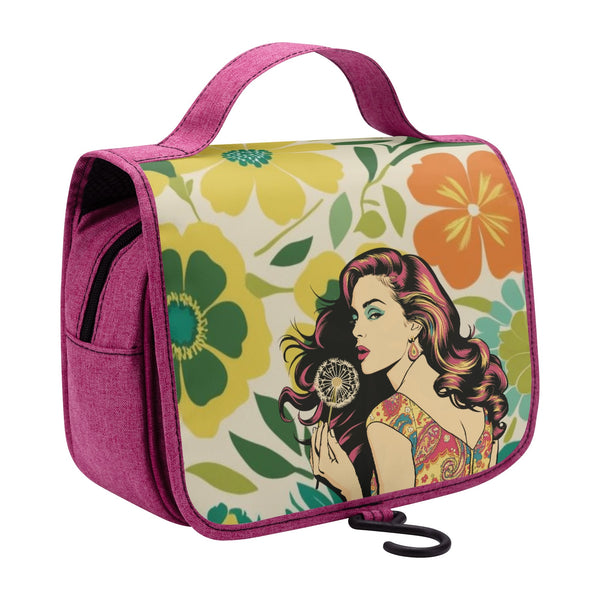 70s Flower Power Hippie Flower Child Retro Orange, Green Yellow Toiletry Cosmetic Travel Bag