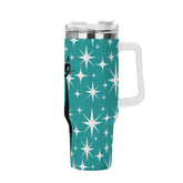 Atomic Cat Aqua Starburst Mid Mod 40oz Stainless Steel Tumbler Gift With White Handle and Straw - Mid Century Modern Gal