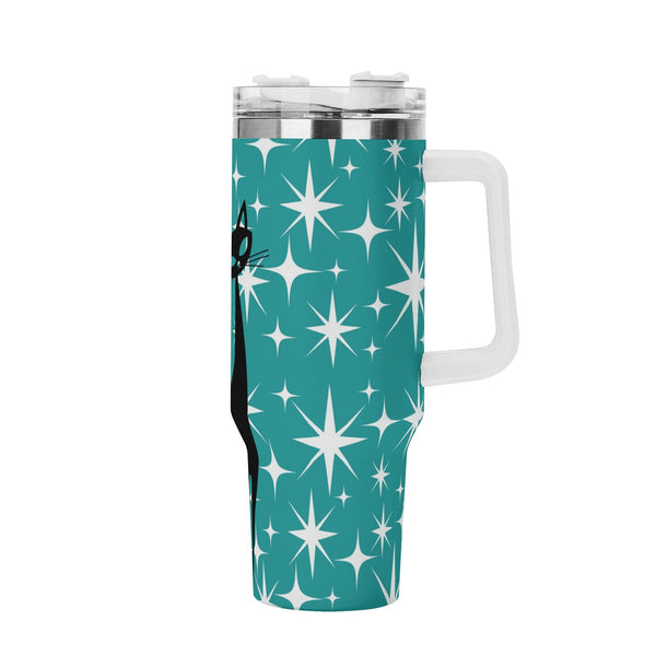 Atomic Cat Aqua Starburst Mid Mod 40oz Stainless Steel Tumbler Gift With White Handle and Straw