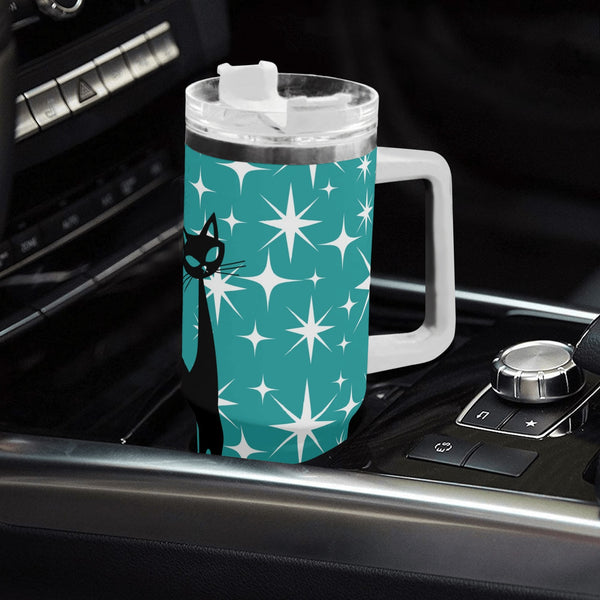 Atomic Cat Aqua Starburst Mid Mod 40oz Stainless Steel Tumbler Gift With White Handle and Straw