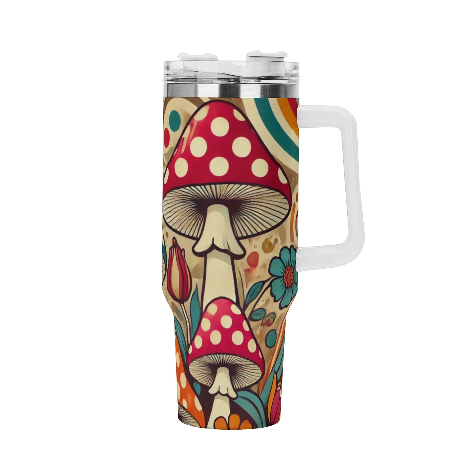 Retro Mushroom Groovy Mod 40oz Stainless Steel Tumbler Gift With White Handle and Straw - Mid Century Modern Gal