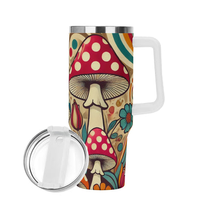 Retro Mushroom Groovy Mod 40oz Stainless Steel Tumbler Gift With White Handle and Straw - Mid Century Modern Gal