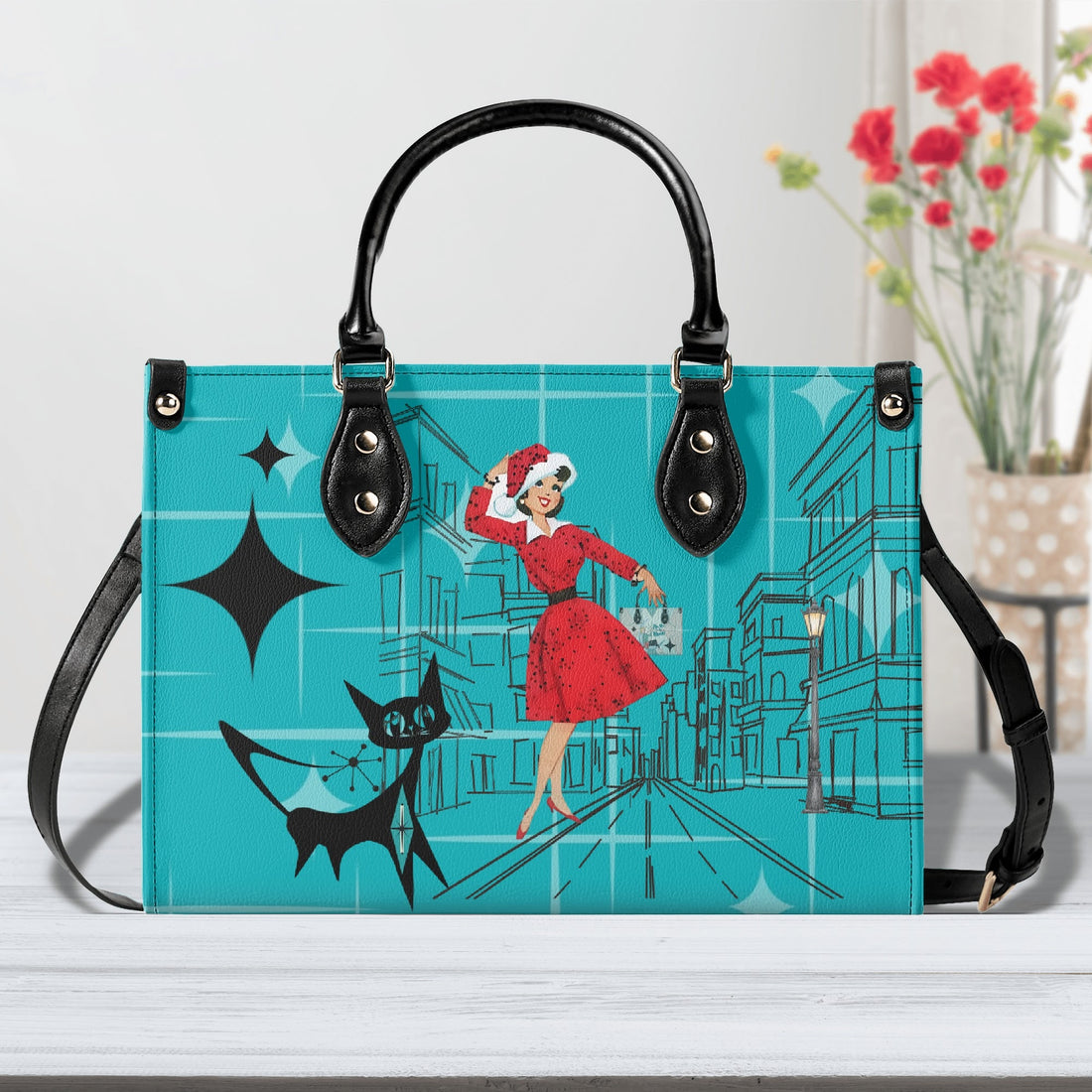 Mid Century Modern Christmas Mod Gal Signature Atomic Cat, Atomic Kitschy Handbag, Shoulder Bag - Mid Century Modern Gal