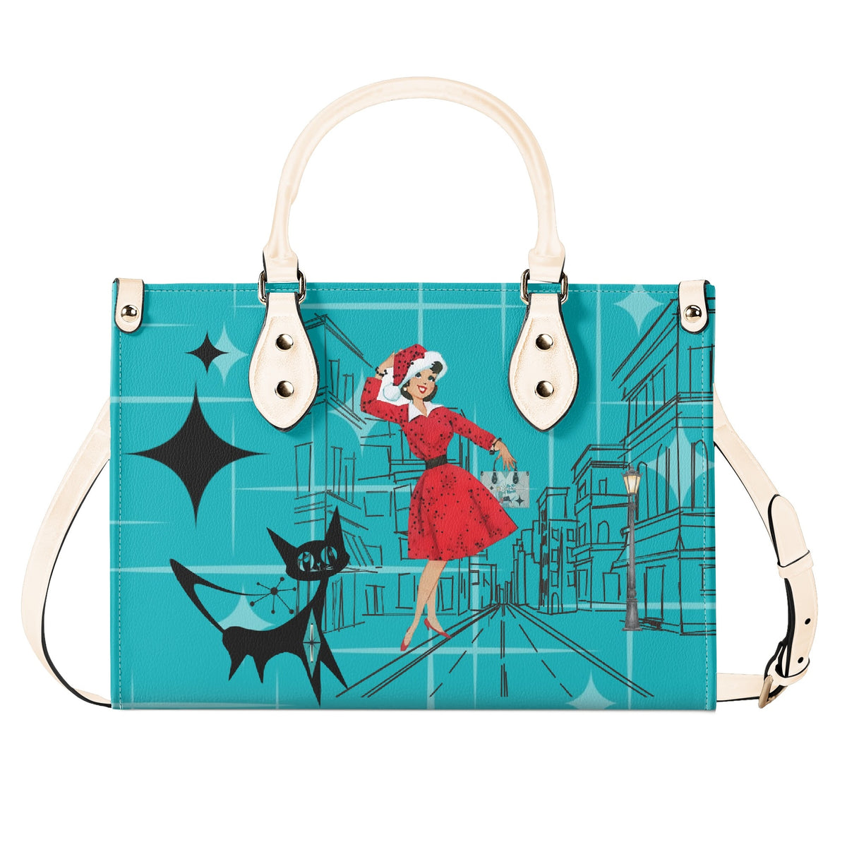 Mid Century Modern Christmas Mod Gal Signature Atomic Cat, Atomic Kitschy Handbag, Shoulder Bag - Mid Century Modern Gal