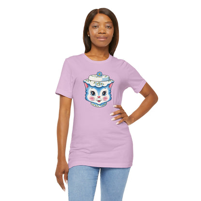 Mid Century Modern Kitschy Anthropomorphic Blue Cat with Floral Hat Unisex T-Shirt