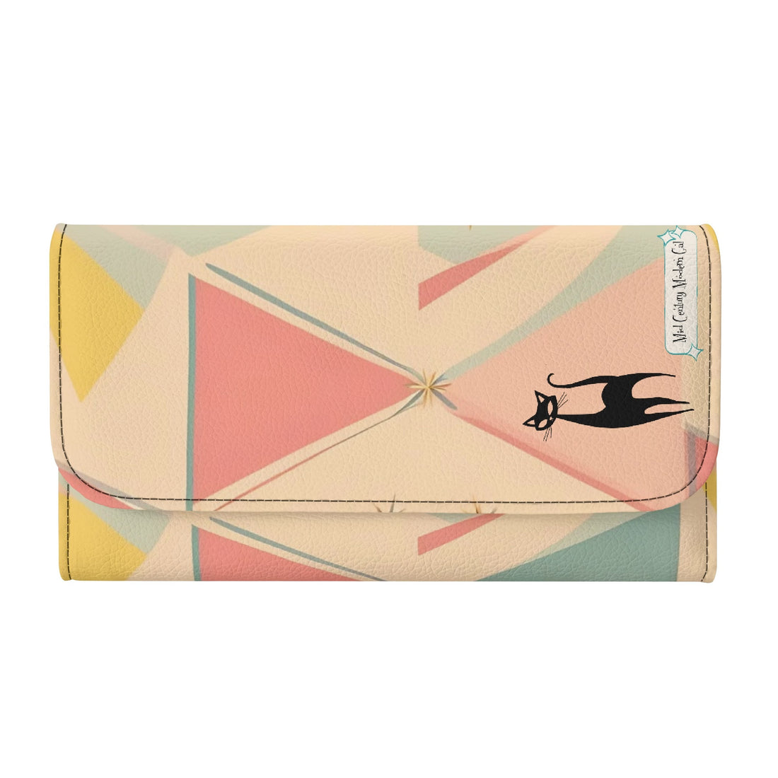 Atomic Cat Pink Aqua Blue, Mint Green Starburst Retro Mid Mod Trifold Clutch Long Wallet - Mid Century Modern Gal