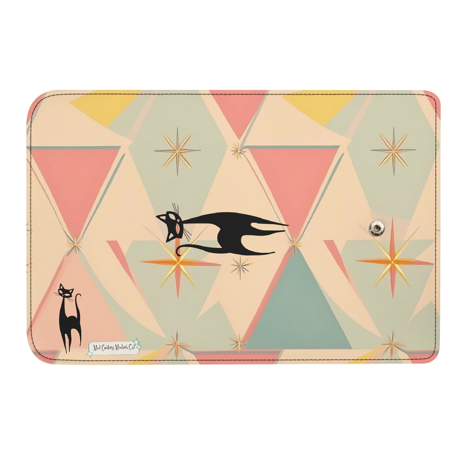 Atomic Cat Pink Aqua Blue, Mint Green Starburst Retro Mid Mod Trifold Clutch Long Wallet - Mid Century Modern Gal