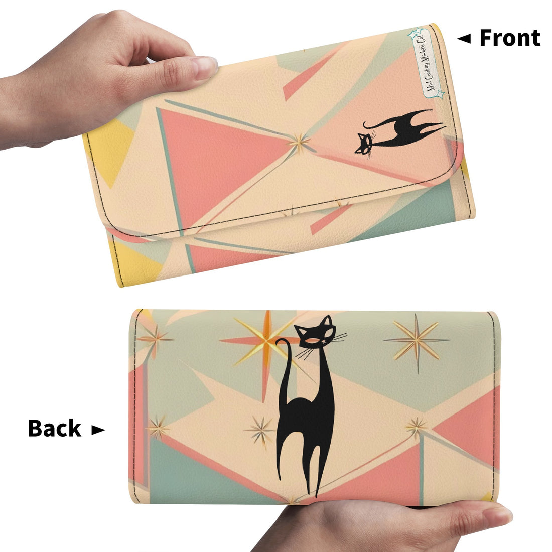 Atomic Cat Pink Aqua Blue, Mint Green Starburst Retro Mid Mod Trifold Clutch Long Wallet - Mid Century Modern Gal