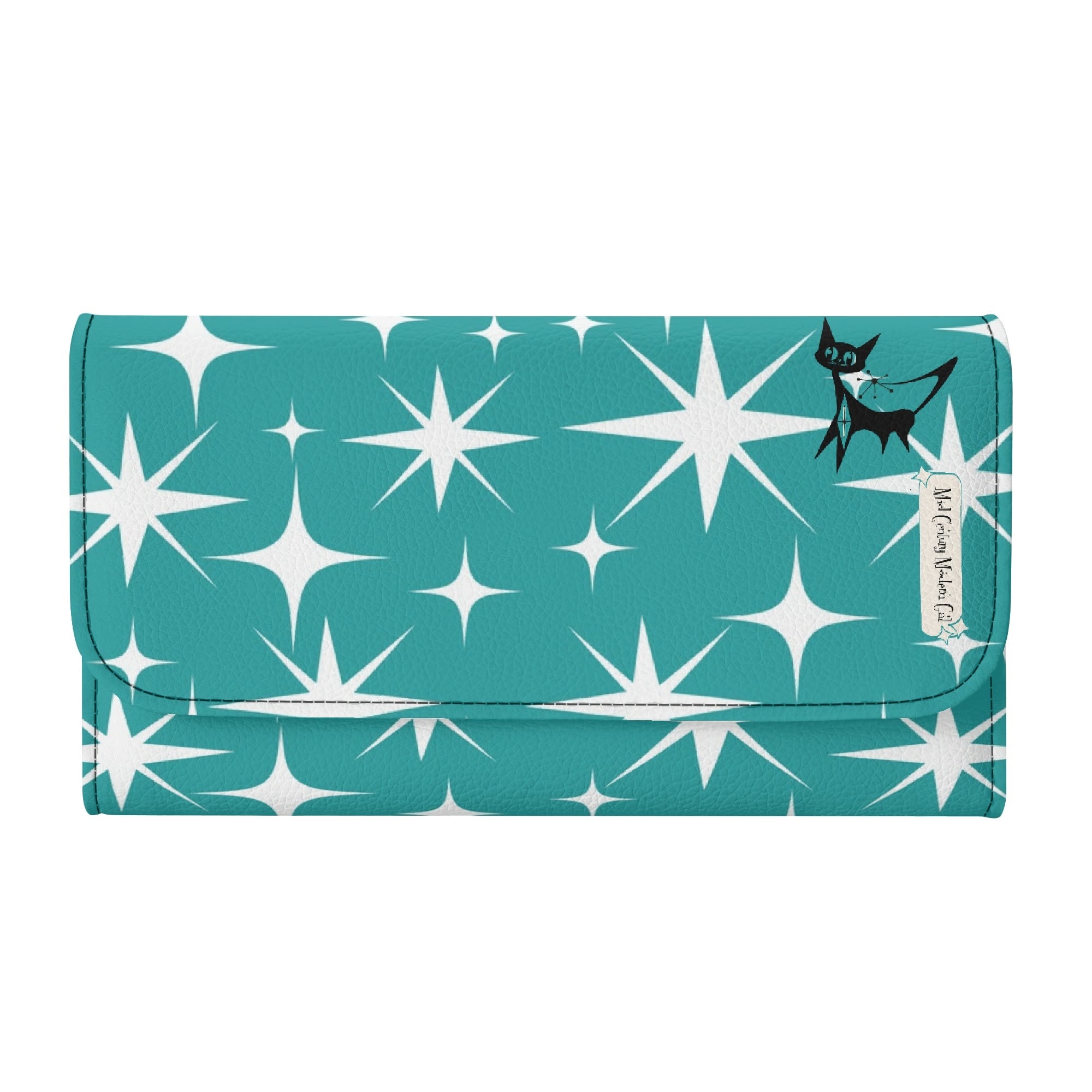 Atomic Cat Aqua Blue Starburst Retro Mid Mod Trifold Clutch Long Wallet - Mid Century Modern Gal