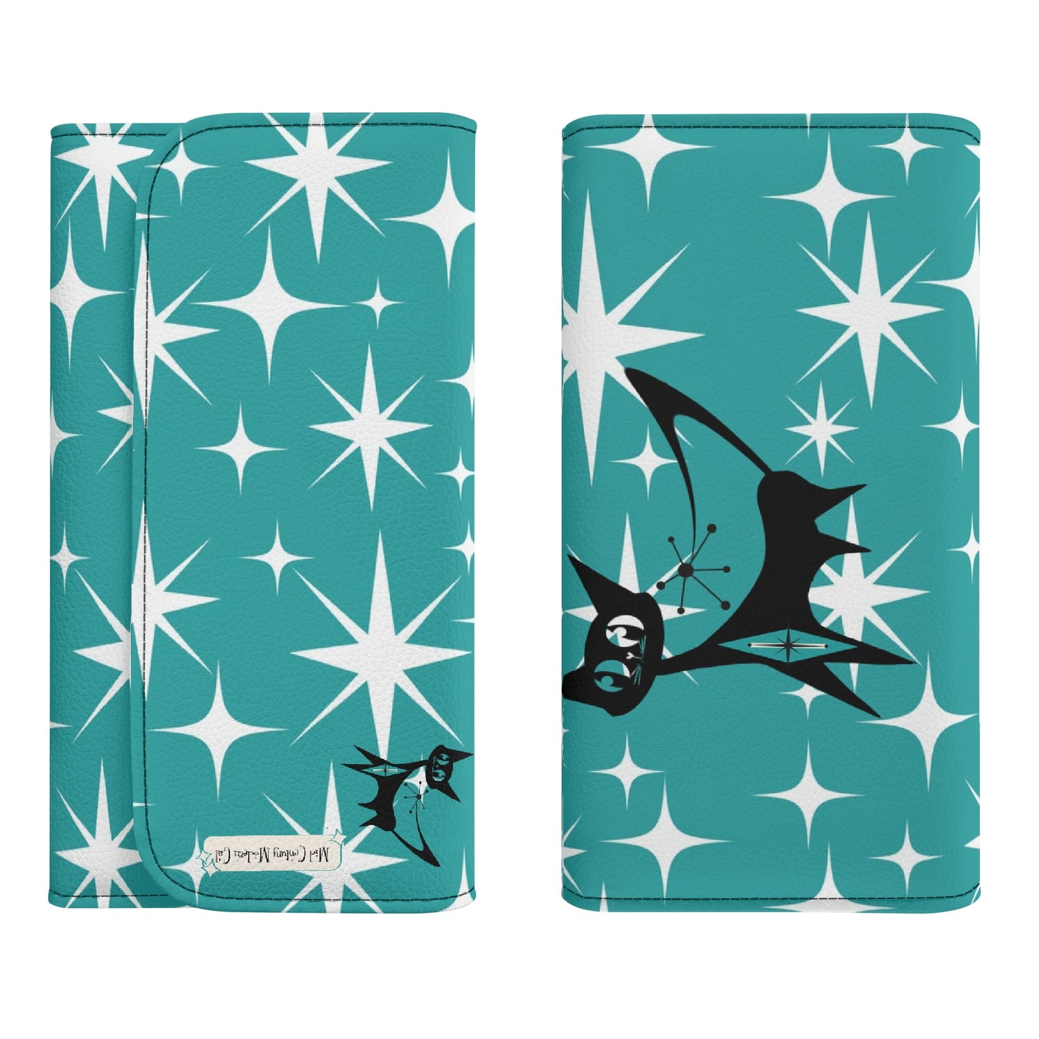 Atomic Cat Aqua Blue Starburst Retro Mid Mod Trifold Clutch Long Wallet - Mid Century Modern Gal