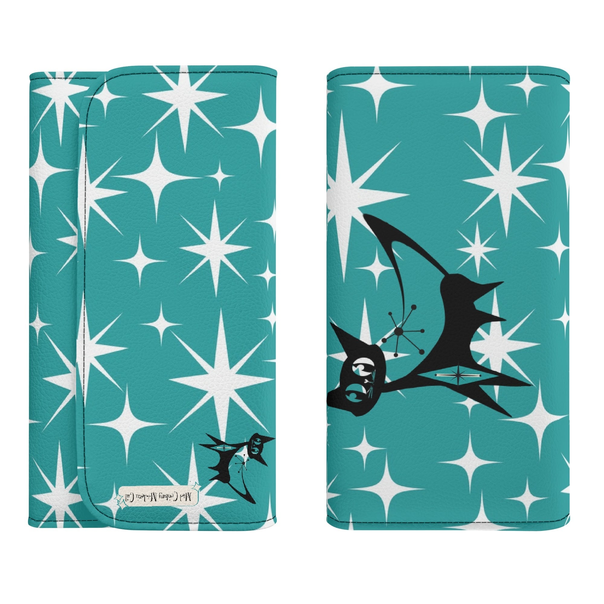 Atomic Cat Aqua Blue Starburst Retro Mid Mod Trifold Clutch Long Wallet - Mid Century Modern Gal