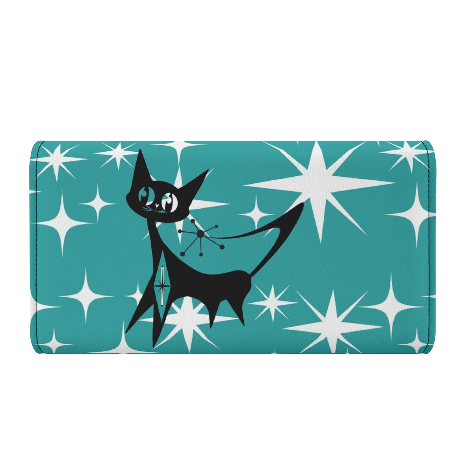 Atomic Cat Aqua Blue Starburst Retro Mid Mod Trifold Clutch Long Wallet - Mid Century Modern Gal