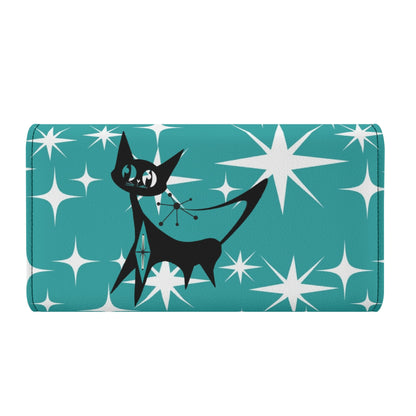 Atomic Cat Aqua Blue Starburst Retro Mid Mod Trifold Clutch Long Wallet - Mid Century Modern Gal