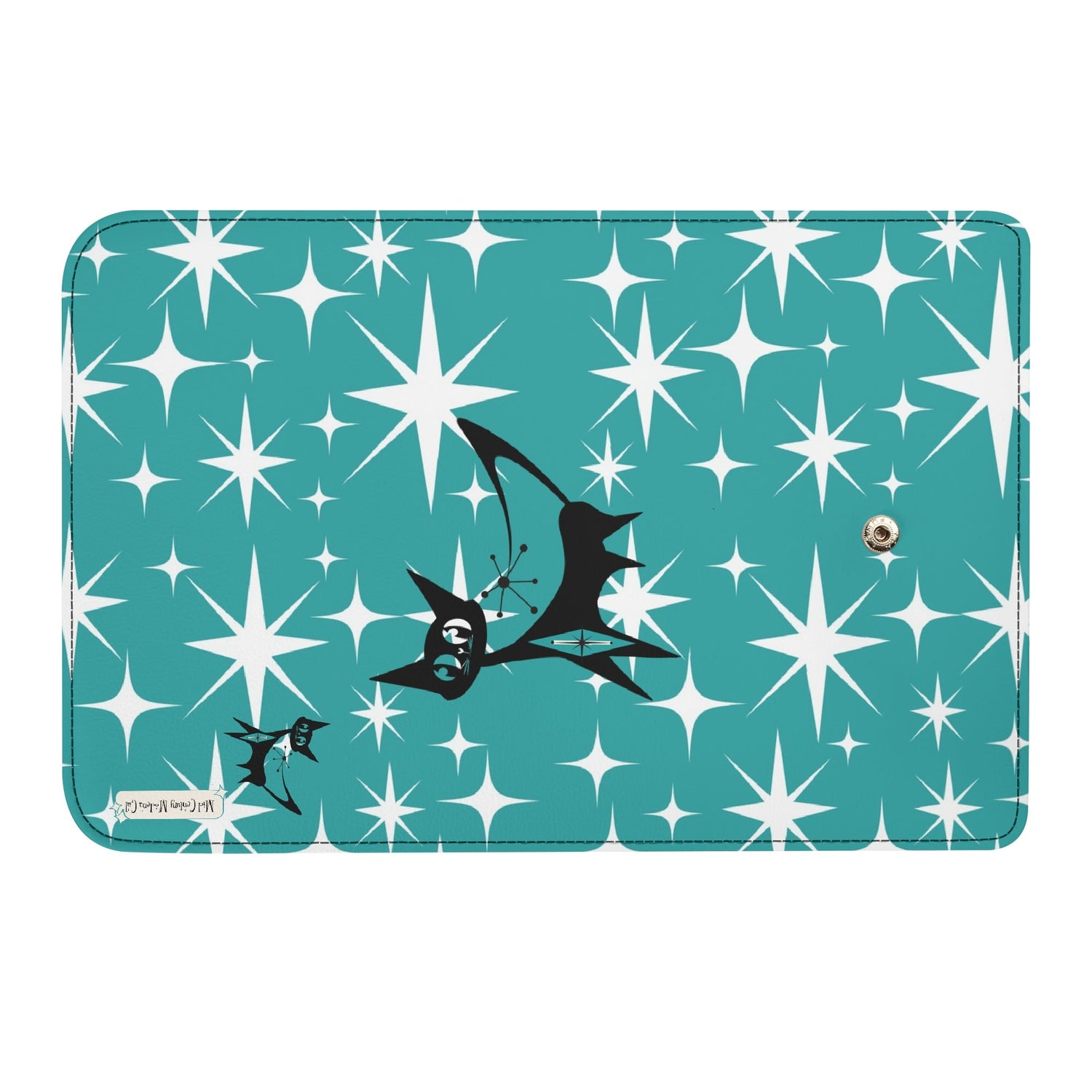 Atomic Cat Aqua Blue Starburst Retro Mid Mod Trifold Clutch Long Wallet - Mid Century Modern Gal