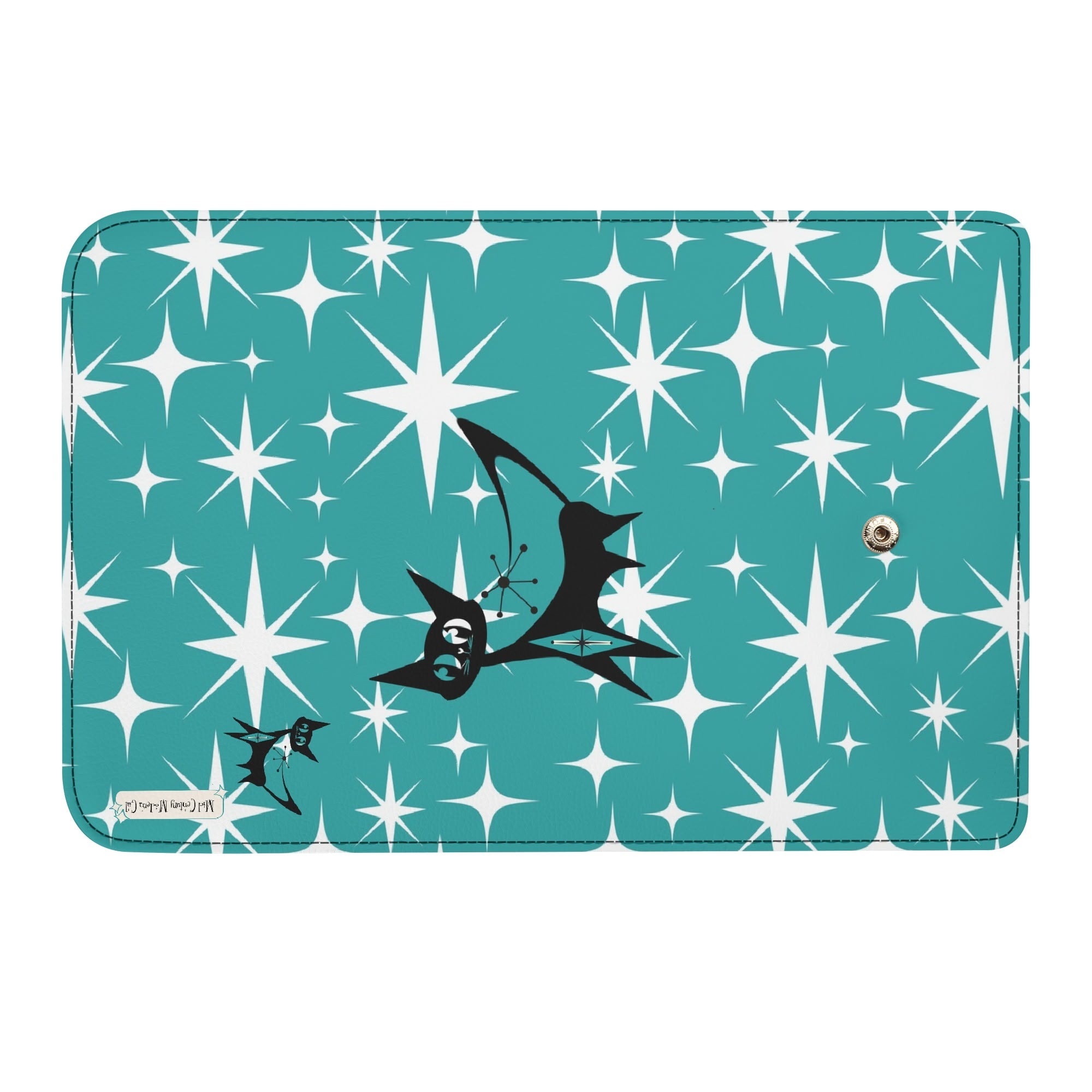 Atomic Cat Aqua Blue Starburst Retro Mid Mod Trifold Clutch Long Wallet - Mid Century Modern Gal