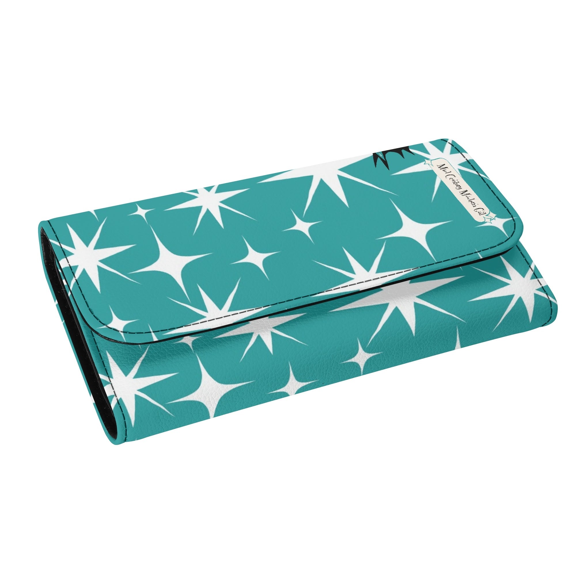 Atomic Cat Aqua Blue Starburst Retro Mid Mod Trifold Clutch Long Wallet - Mid Century Modern Gal