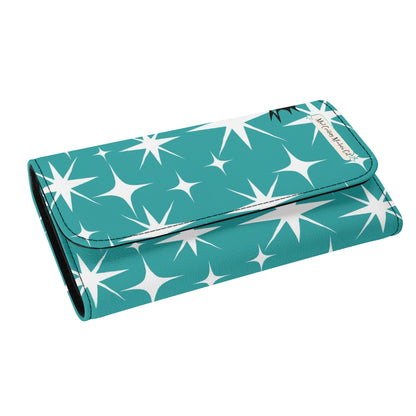 Atomic Cat Aqua Blue Starburst Retro Mid Mod Trifold Clutch Long Wallet - Mid Century Modern Gal