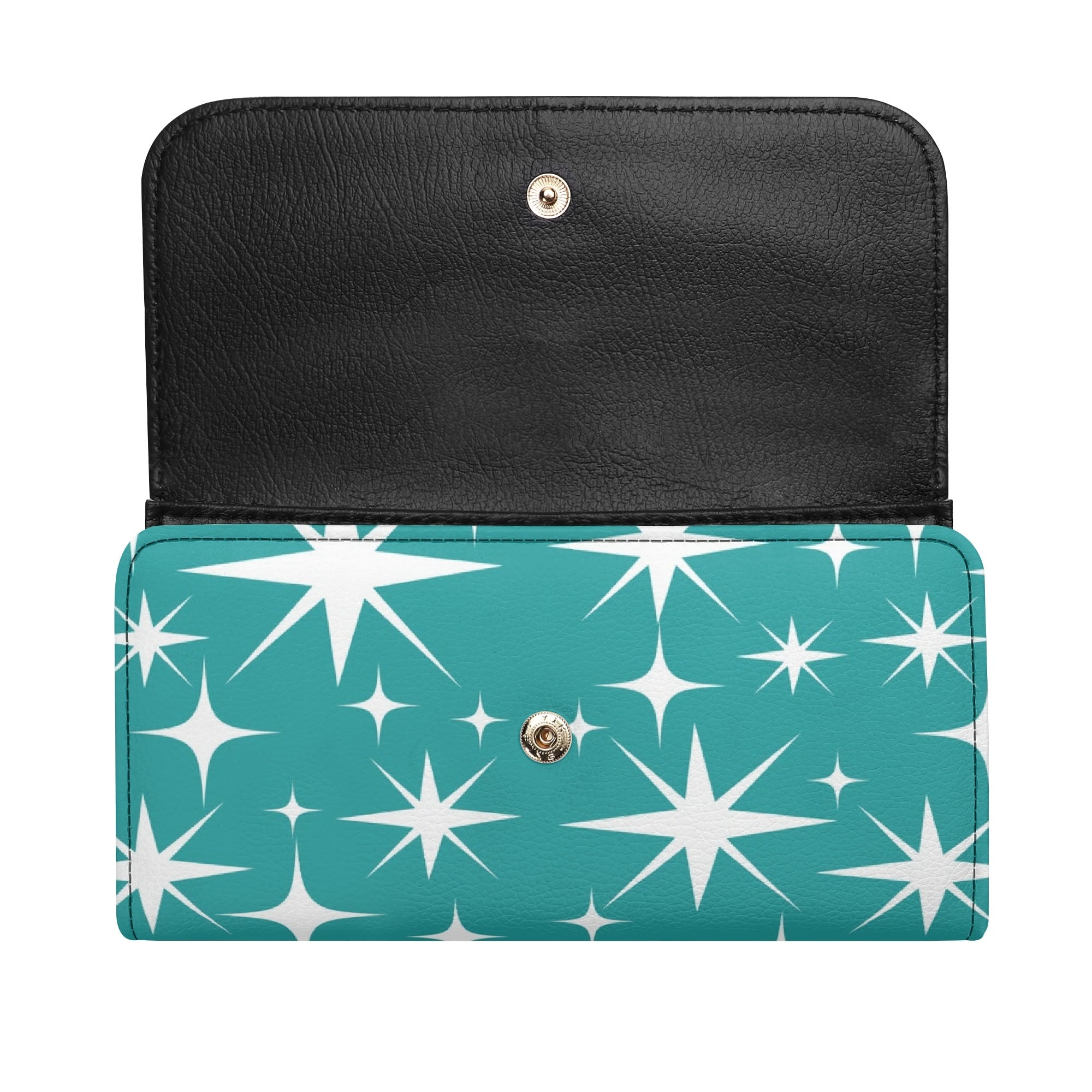 Atomic Cat Aqua Blue Starburst Retro Mid Mod Trifold Clutch Long Wallet - Mid Century Modern Gal