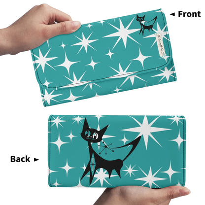 Atomic Cat Aqua Blue Starburst Retro Mid Mod Trifold Clutch Long Wallet - Mid Century Modern Gal