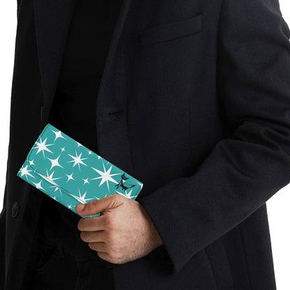 Atomic Cat Aqua Blue Starburst Retro Mid Mod Trifold Clutch Long Wallet - Mid Century Modern Gal