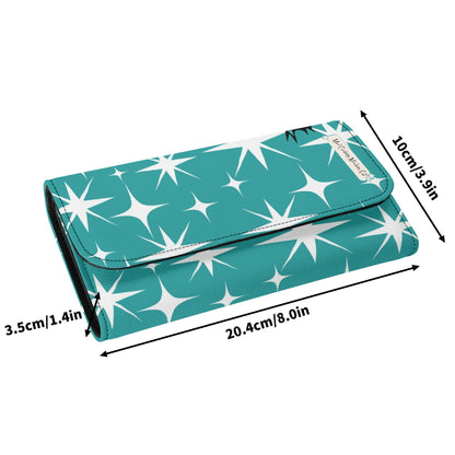 Atomic Cat Aqua Blue Starburst Retro Mid Mod Trifold Clutch Long Wallet - Mid Century Modern Gal