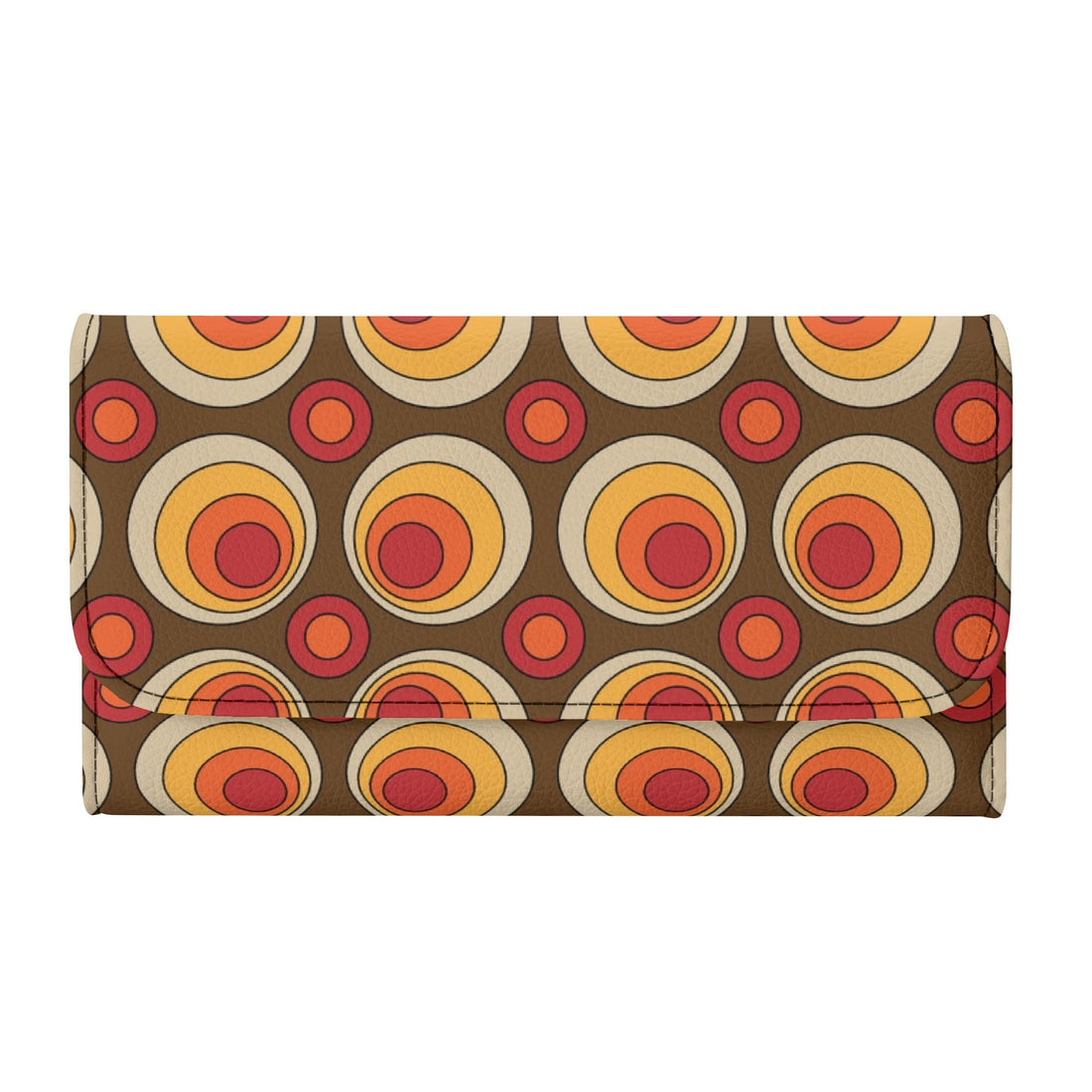 Retro 70s Groovy Clutch Wallet, Brown Orange Space Orbs - Mid Century Modern Gal