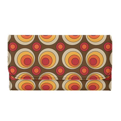 Retro 70s Groovy Clutch Wallet, Brown Orange Space Orbs - Mid Century Modern Gal