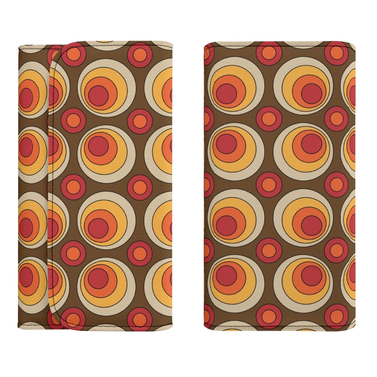 Retro 70s Groovy Clutch Wallet, Brown Orange Space Orbs - Mid Century Modern Gal