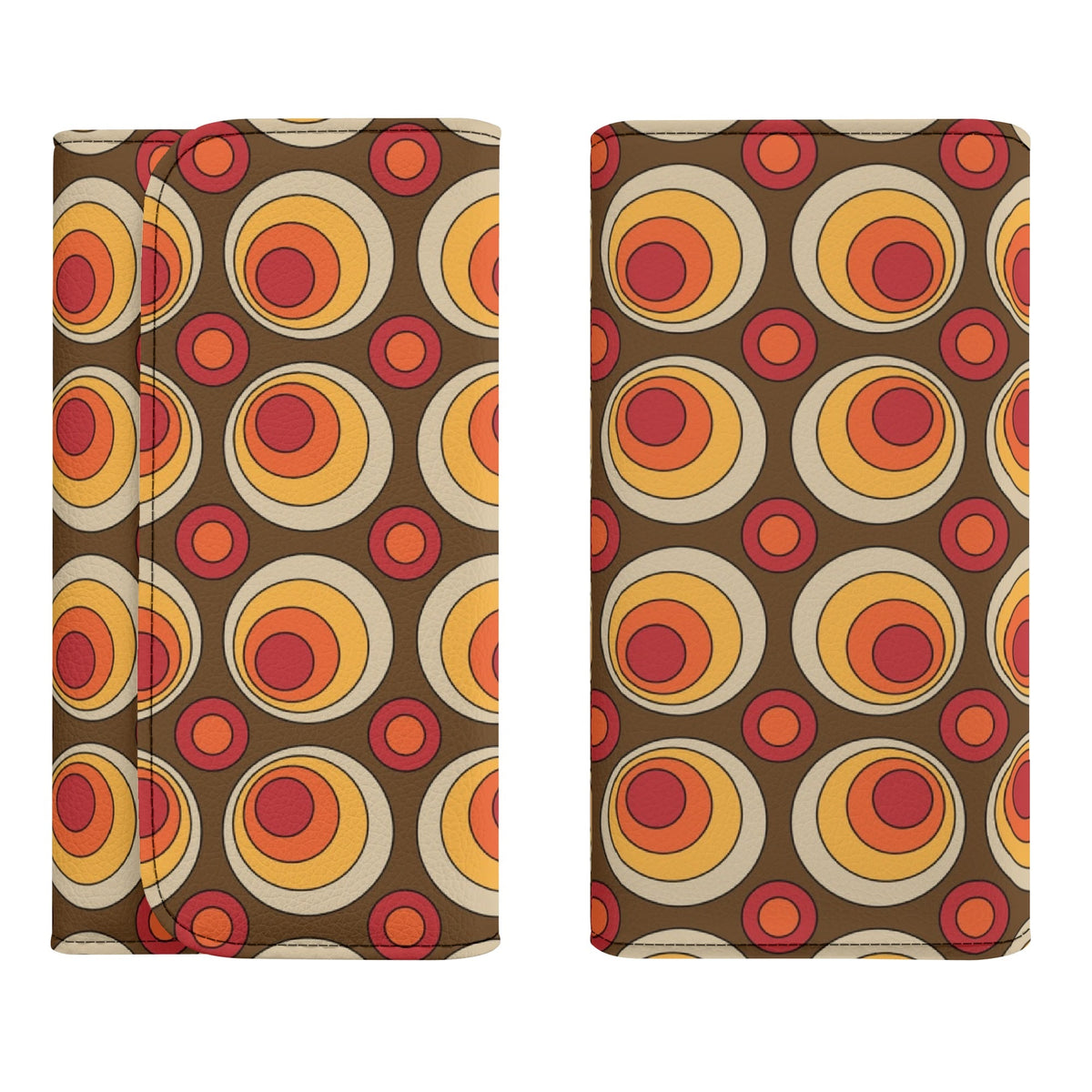 Retro 70s Groovy Clutch Wallet, Brown Orange Space Orbs - Mid Century Modern Gal