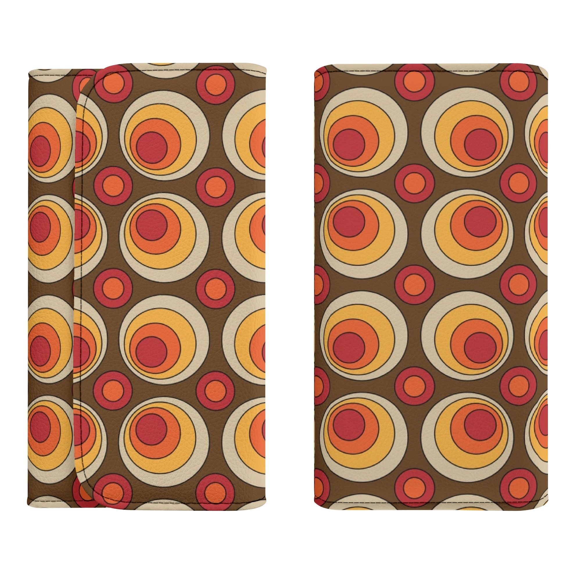Retro 70s Groovy Clutch Wallet, Brown Orange Space Orbs - Mid Century Modern Gal